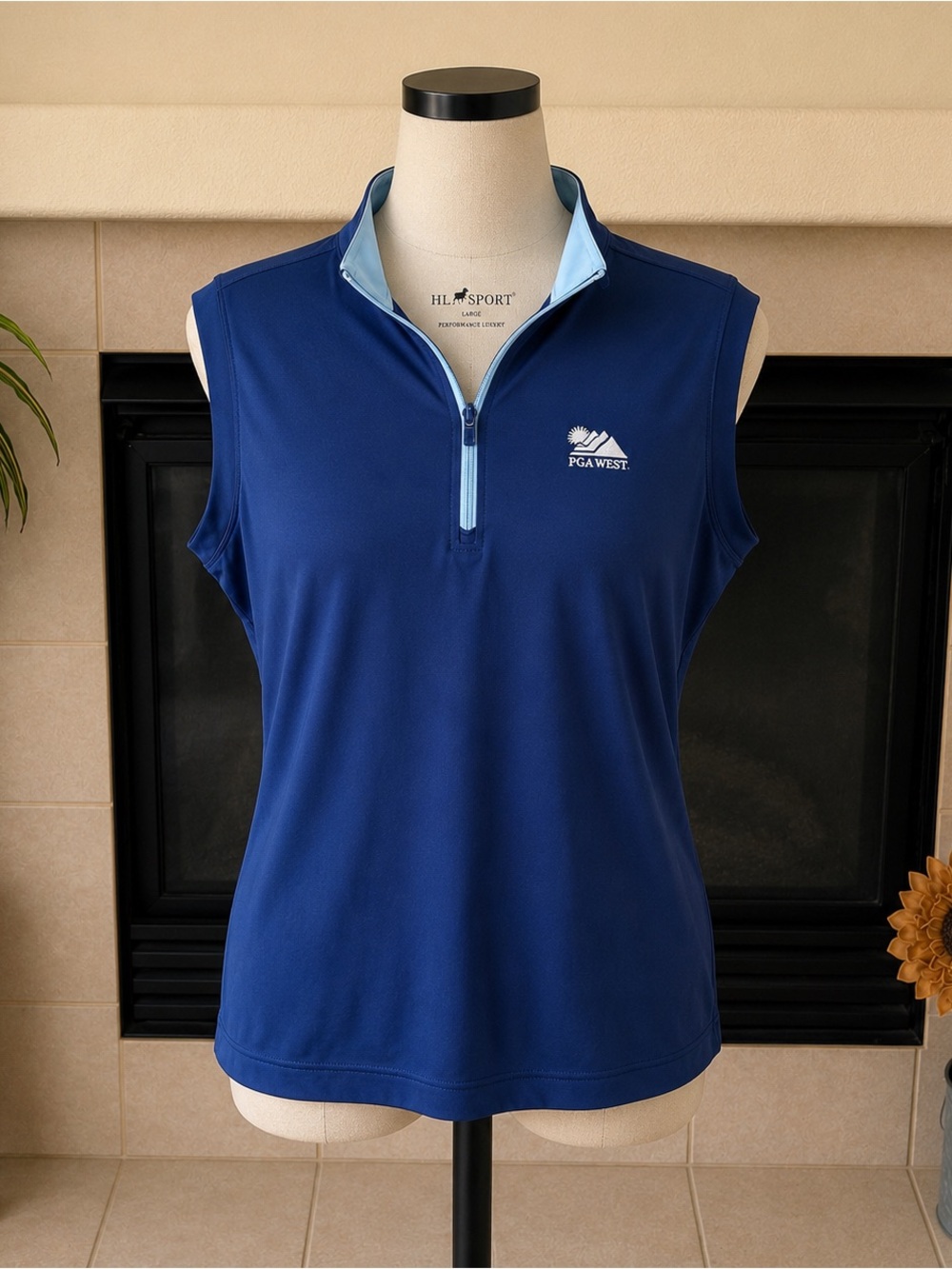Women's Sleeveless Quarter-Zip Golf Tank - Navy with Light Blue Trim